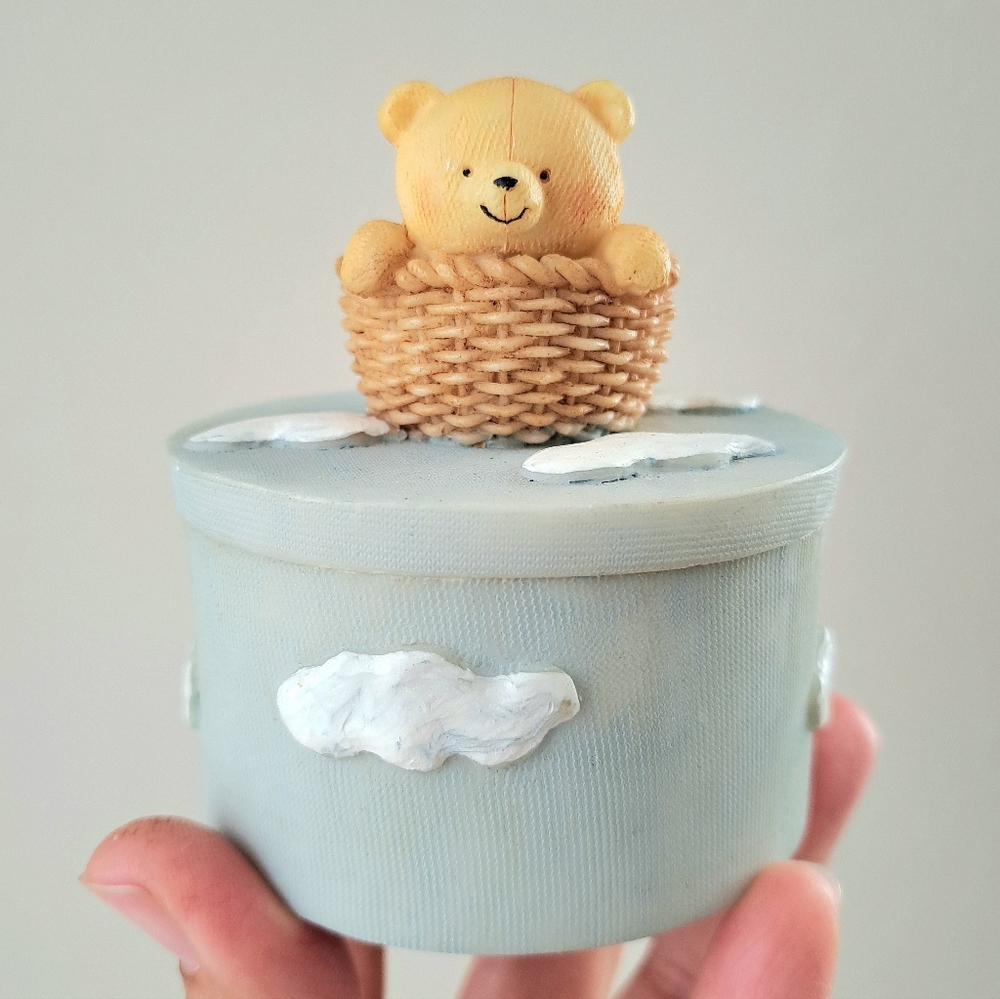 Vintage Kawaii Tiny Trinket Box Cute Teddy Bear in Basket Pale Blue Sky Clouds